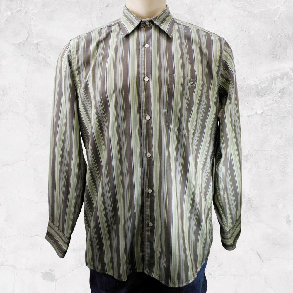 Lacoste Long Sleeve Dress Shirt Men's 42 Green Brown Striped Brushed Cotton